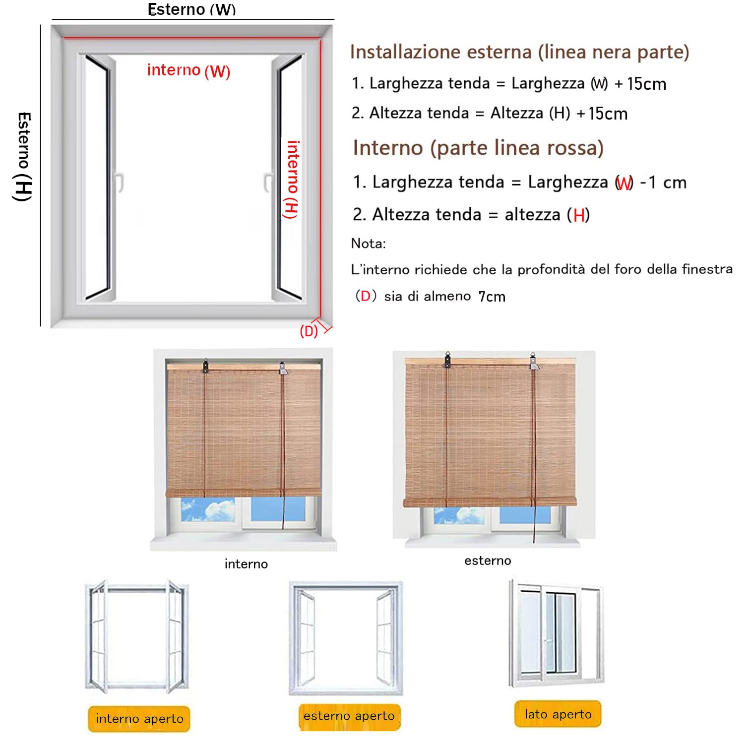 Tende a Rullo in bambù Naturale,Tapparella Bamboo Avvolgibile Cortina Oscurante da Esterno Interno,Nere Veneziana per Finestre,Personalizzate,Larghezza x Altezza (80cm x 180cm)