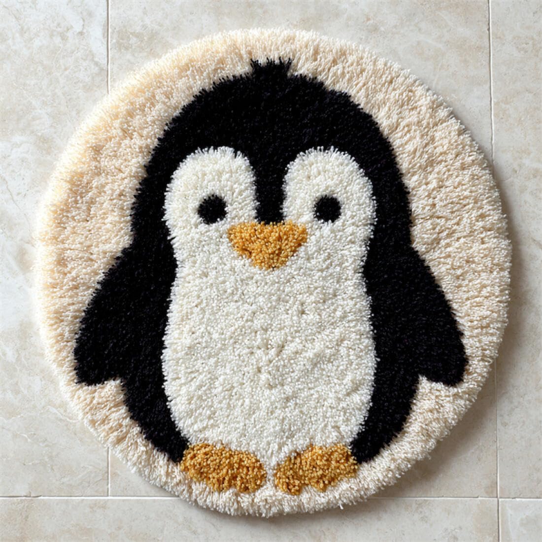 Rqwybcaxn DIY Rug Latch Hook Kits for Adults Animal Needlework Kit Cartoon Penguin 50x50cm Round Tapestry with Crochet Hook Living Room Craft Gift