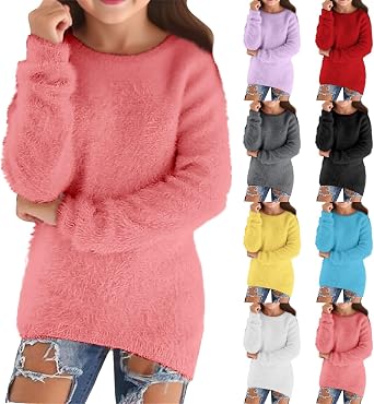 Sweaters for Girls Casual Cute Y2k Crewneck Tops Lightweight Long Sleeve Cozy Fleece Pullovers Kids Fuzzy Sweater
