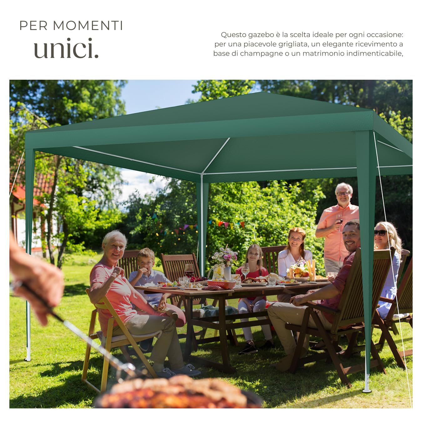 tectake® gazebo 3x3 m, impermeabile, pieghevole, struttura in acciaio, copertura con protezione UV, tendone da esterno, per fiere, spiaggia, gazebo esterno resistente, con corde e picchetti - Verde