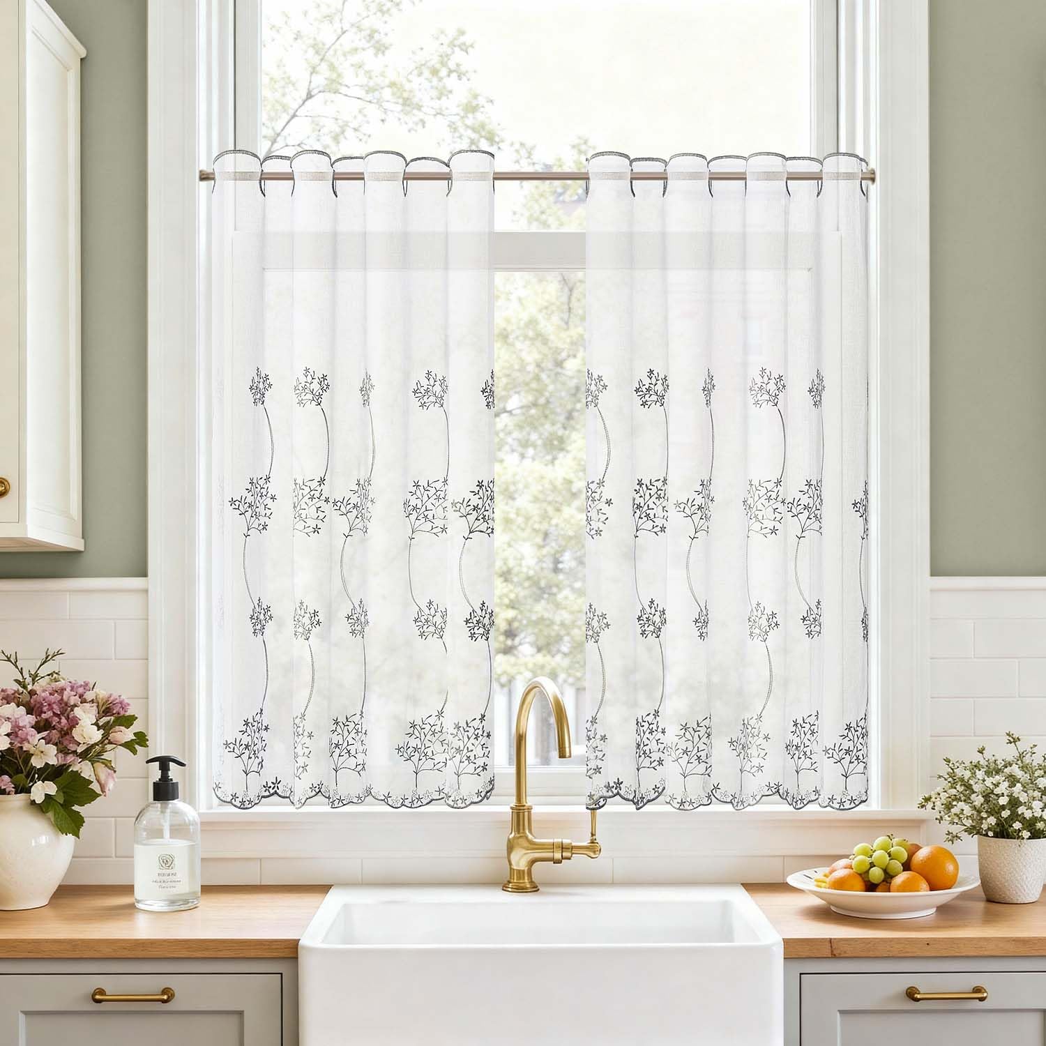 TOPICK Scheibengardine Küche lichtdurchlässig Bistrogardine Wohnzimmer modern Küchengardinen Gardine Schals Fensterschal Kurzgardine für Küche Küchenfenster Landhausstil