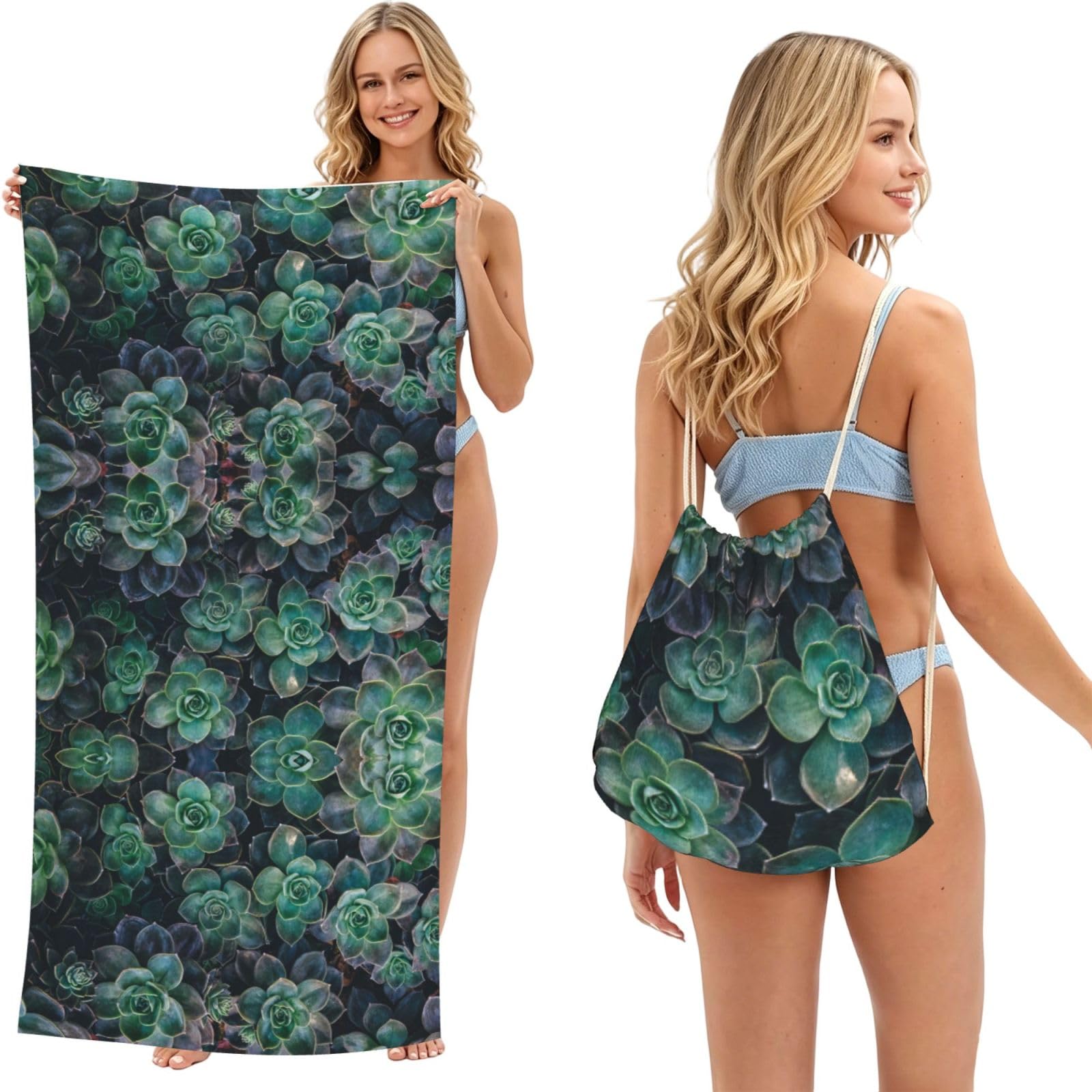 ESNAIUVCD Succulent Plants Print Beach Towel For Adults,Towel With Drawstring Bag, Travel Pool Swimming Sports Shower Sand Free Quick Dry Bath Towel For Pool, Beach, Yoga- 180x60cm
