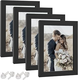HappyHapi 4x6 Picture Frame,Set of 4 Wooden Black Picture Frames, Tabletop or Wall Display Decoration Photo Frames for Photos, Paintings, Landscapes, Posters, Artwork