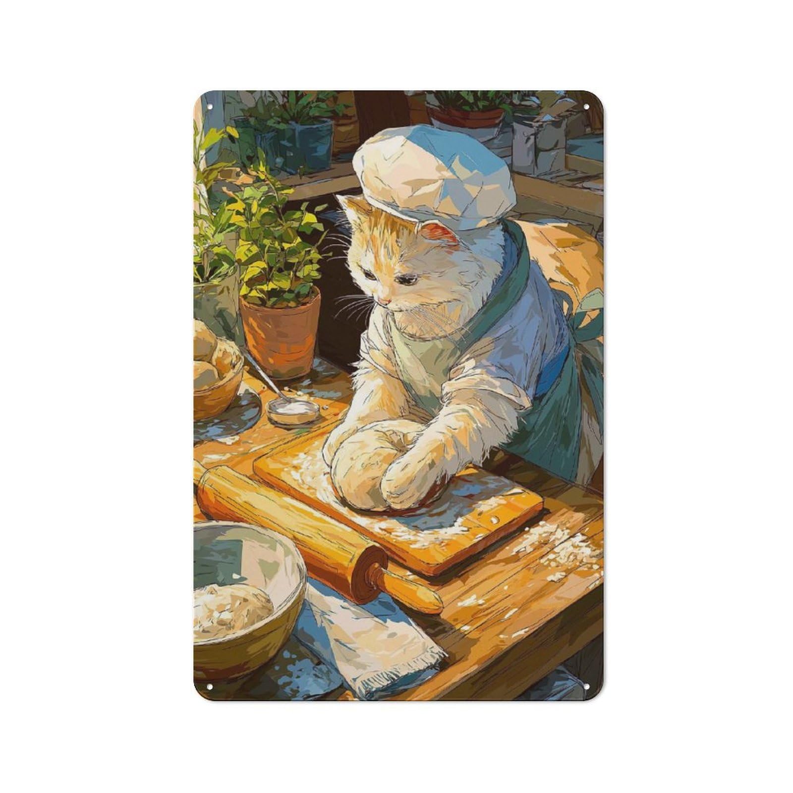 Junmoney The Baker Cat Tin Wall Plaque 30X20cm With For Hobby Room Or Studio, For Home Interiors, Feature Walls And Decorative Displays