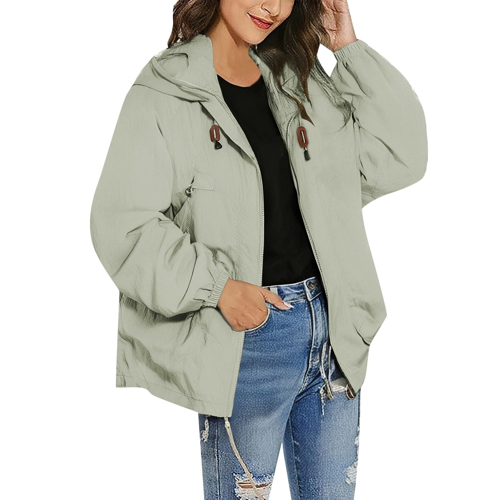 Chaqueta impermeable de mujer tipo trench ligero y transpirable con capucha 8