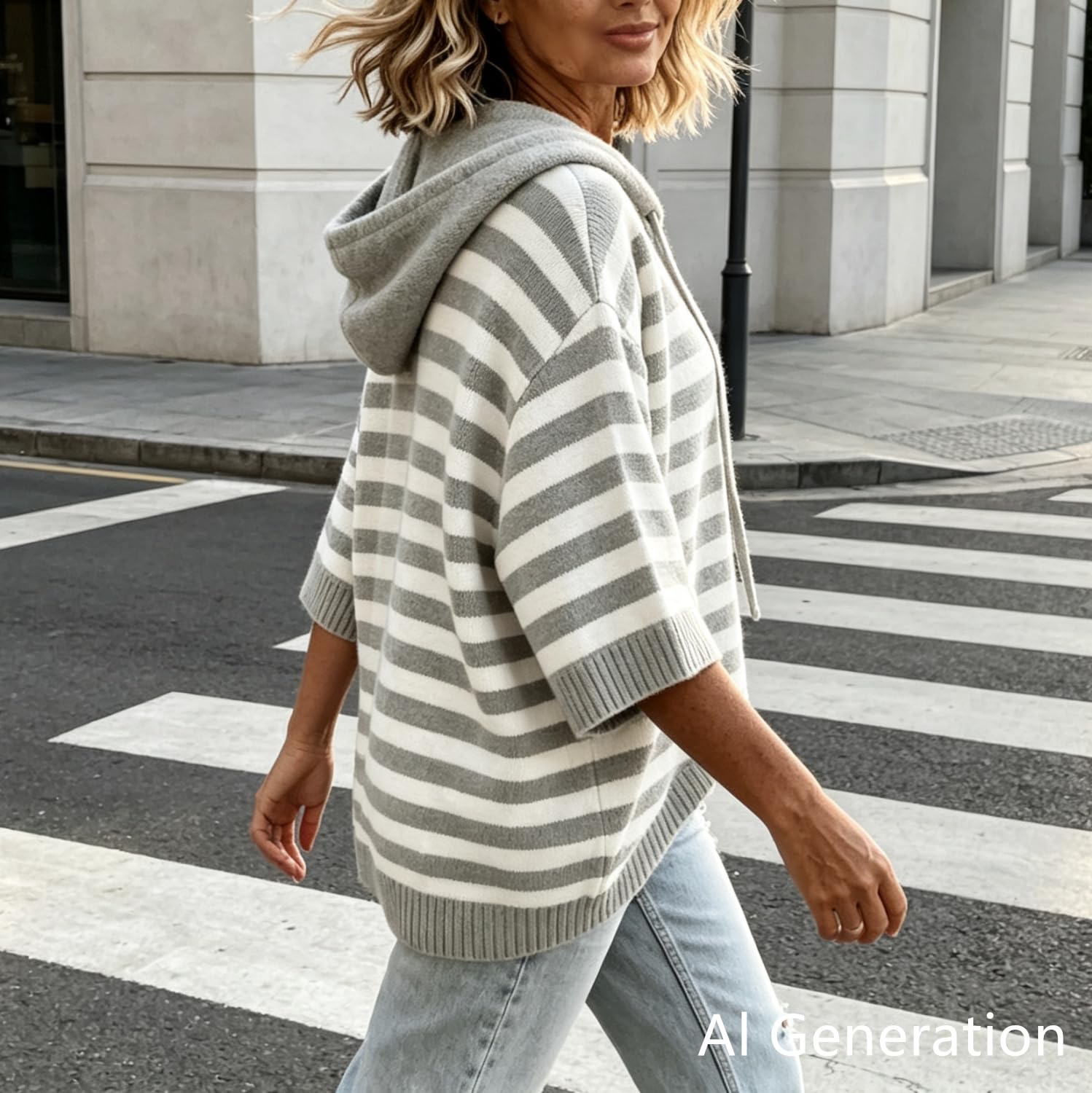 Generico Felpa in Maglia con Cappuccio e Coulisse da Donna | Maglione poncho oversize con cappuccio e maniche a pipistrello a 3/4 – Pullover in maglia a righe dalla vestibilità ampia