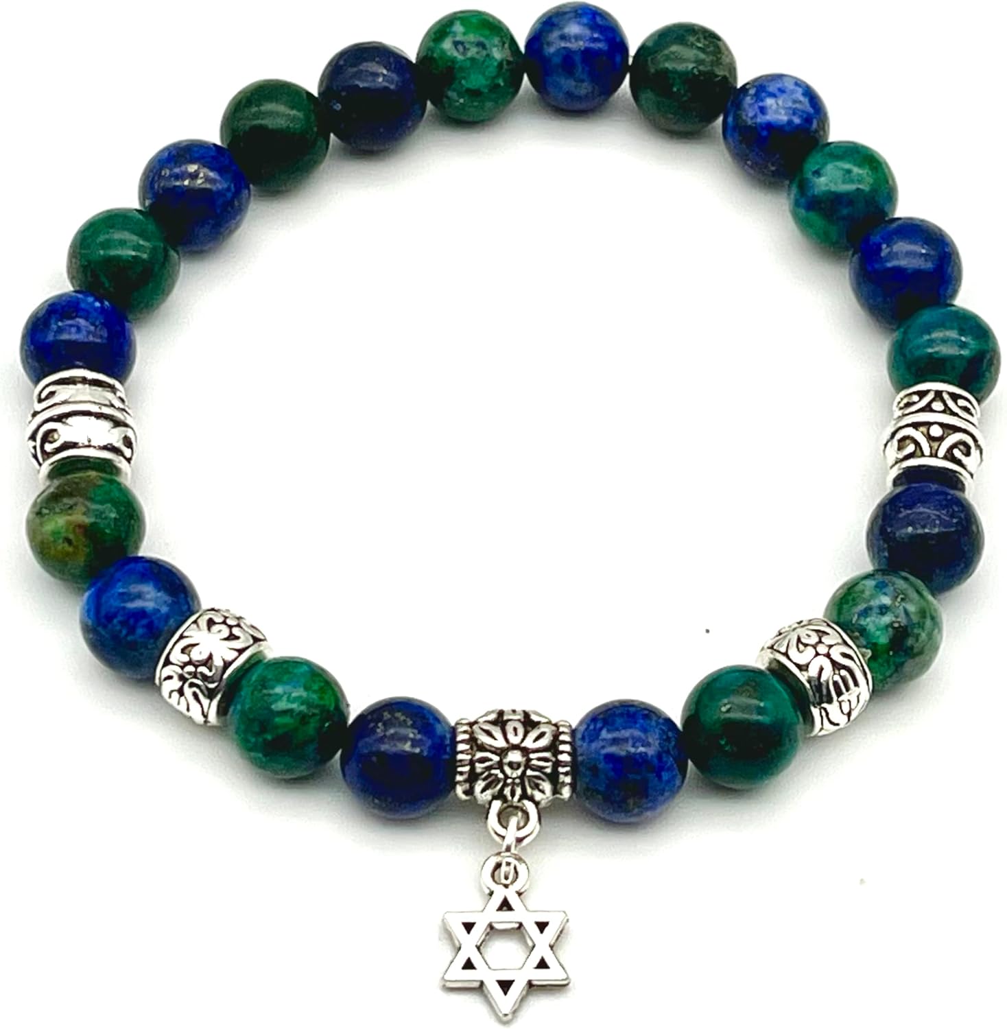 Handmade 8mm Eilat Stone and Silver Star of David Jewish Star Meditation Bracelet