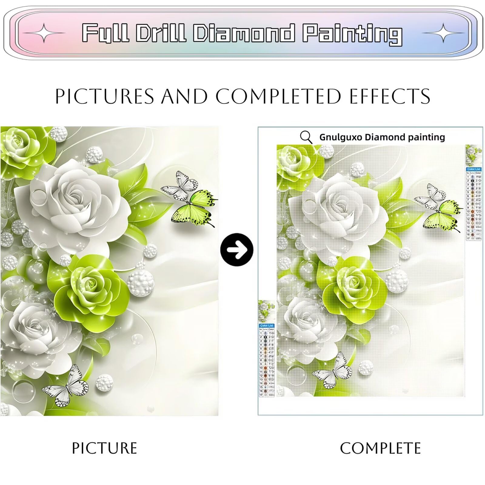 5D Bianco Diamond Painting Farfalla Diamond Painting Kit Completo, Fai Da Te Passatempo per Adulti Hobby Creativi Adulti Kit, Strass Diamantini Crystal Art per Decorazione Casa 90x120cm, Model975