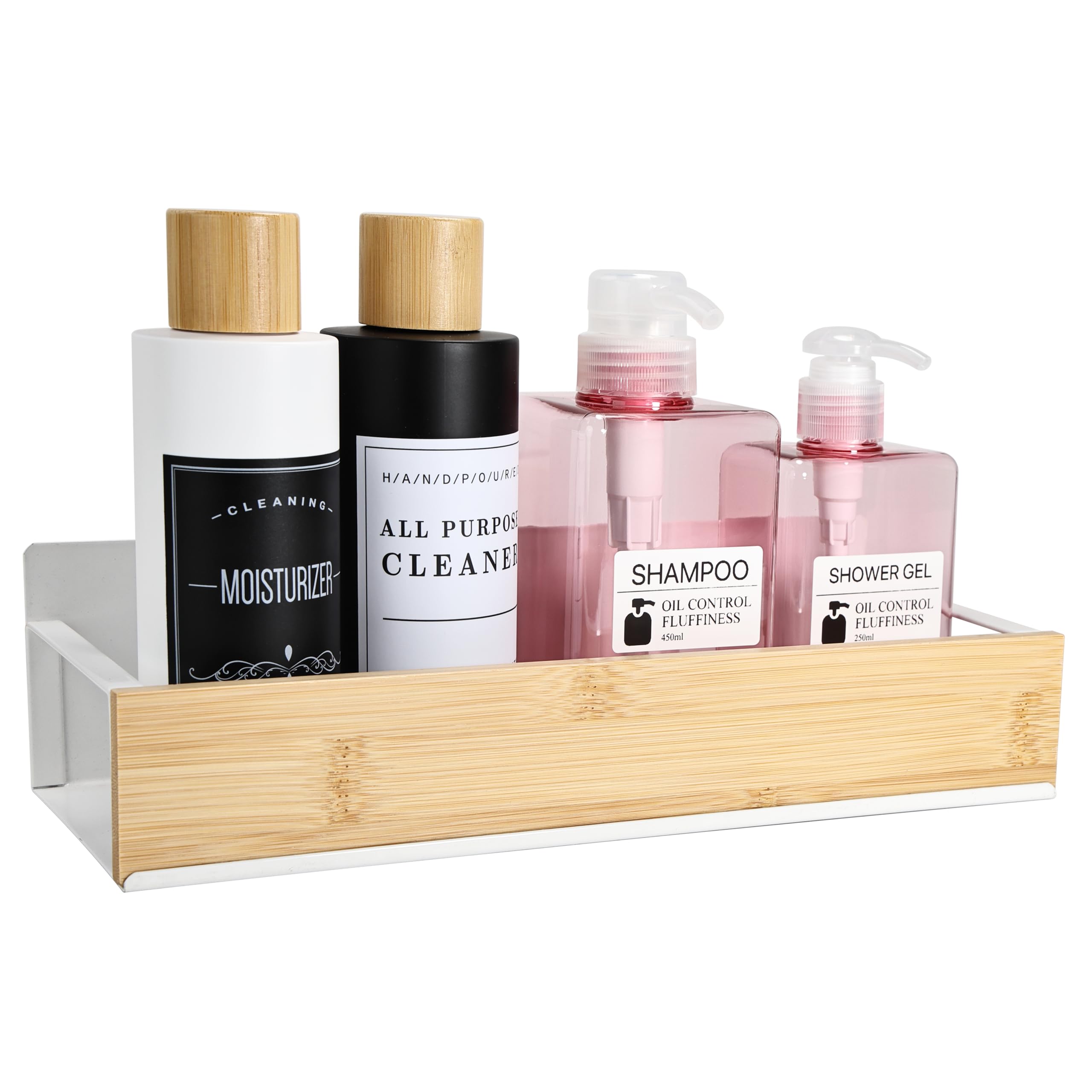 Wall Mount Organizer Adhesive Metal Shelf with Bamboo Lip Bathroom Shelves for Wall Self Adhesive Organizer Shower Caddies