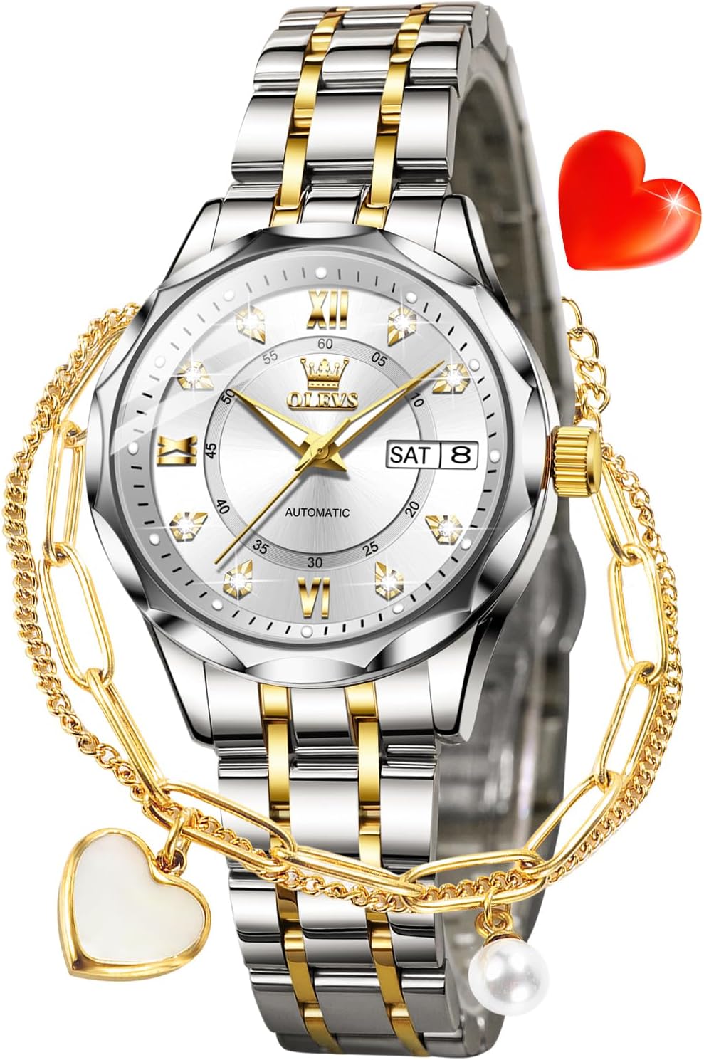 OLEVS Womens Watches Casual Modern Diamond Automatic Mechanical Ladies Self Winding Dress Two Tone Wrist Watch Date Day