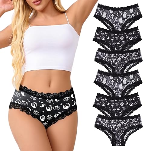 Solblo Women's Gothic Lace Hipster Panties 5~6Pack:Moon Eyes Mystical Print,Black Low Rise Bikini Soft Comfy Sexy Underwear - XX-Large - Multicolor