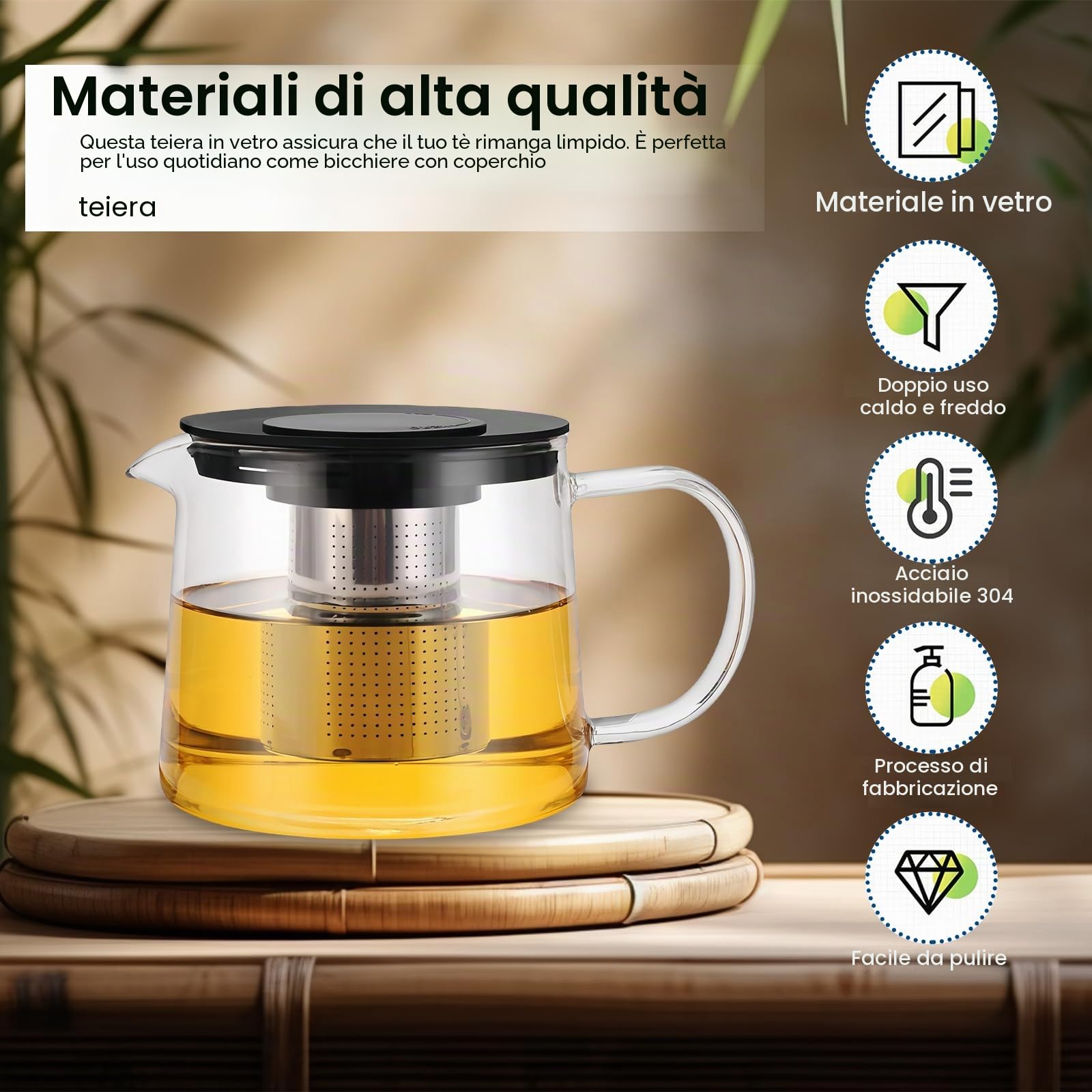 Teiera In Vetro Con Filtro 1500 ML, Teiera In Vetro Borosilicato, teiera Con Infusore, Teieras vetro, Teieras In Vetros Di Alta Qualità Pour Piano cottura in ceramica (21 X 15 X 13 cm)