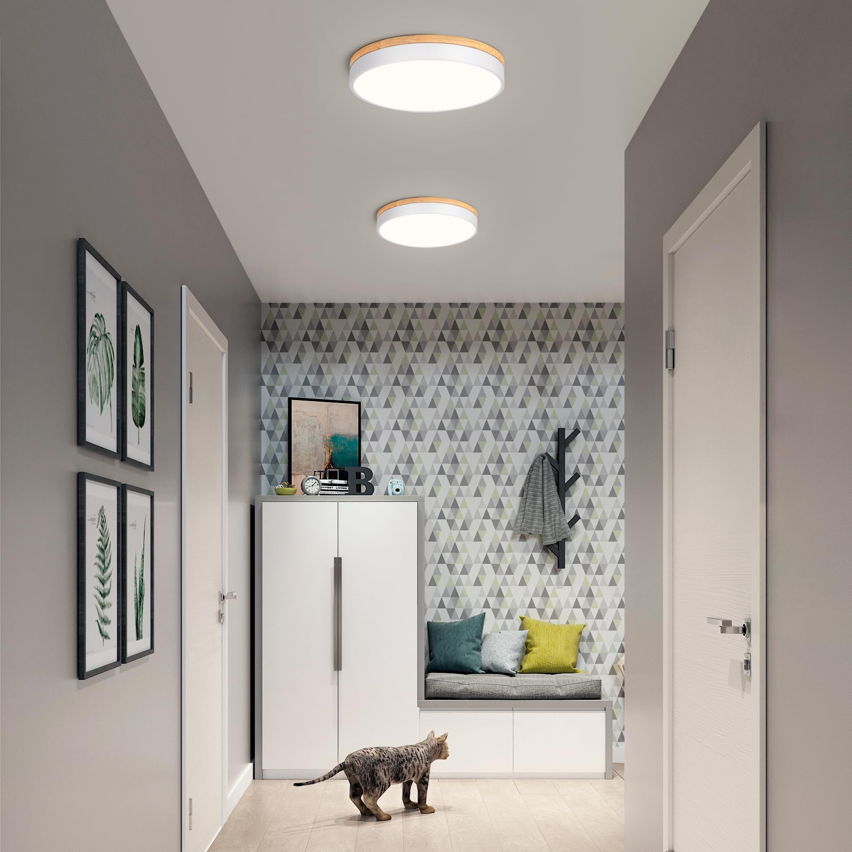 Qamra Plafoniera LED, Plafoniera Bianca 40cm, 36W | Lampada con Legno per camera da letto, soggiorno, cucina, corridoio, sala da pranzo, 4000K