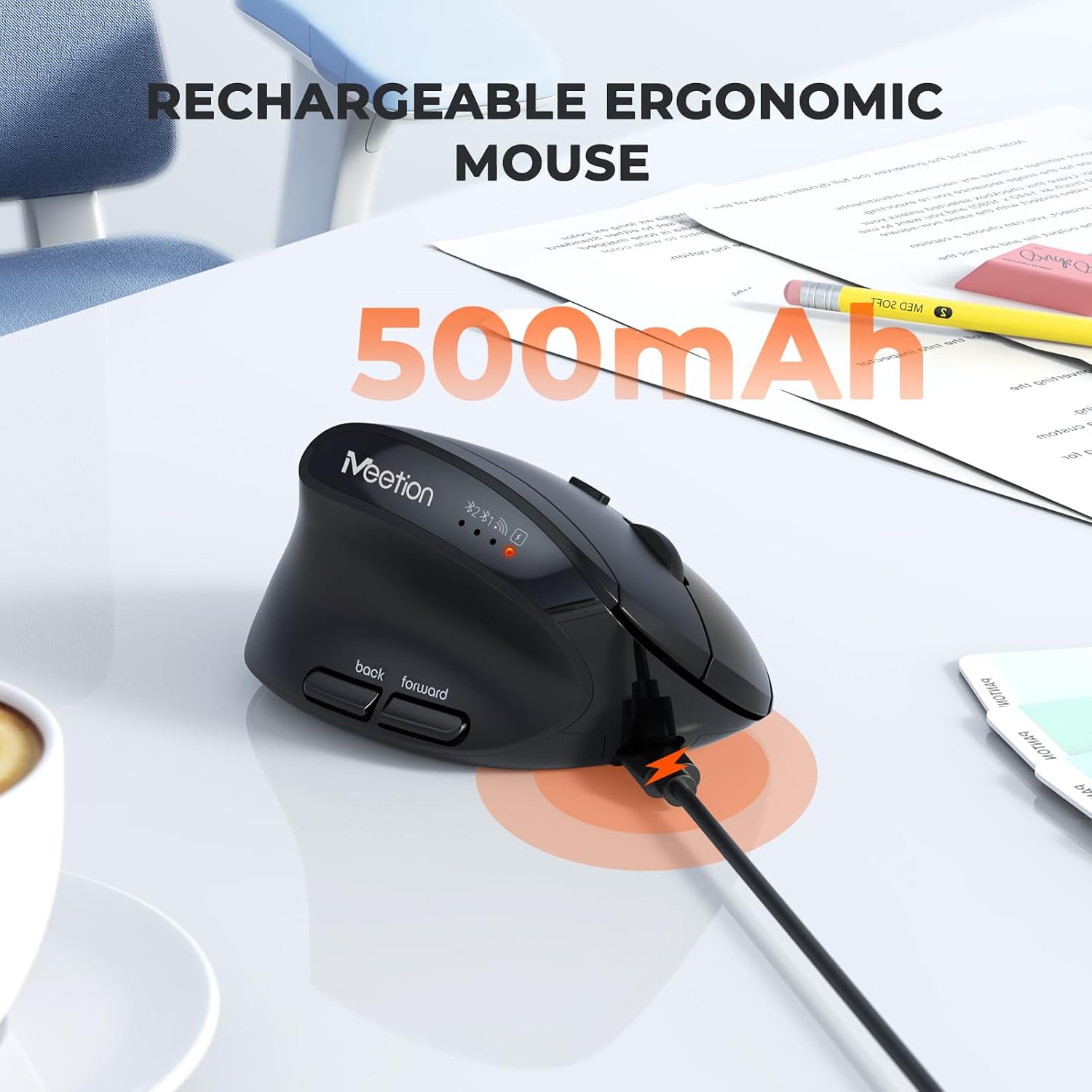 MEETION Left-Handed Ergonomic Mouse, Wireless Mouse, Bluetooth Vertical Rechargeable Mice, 4 Adjustable DPI 800-2400, Bluetooth 5.2+5.2+USB Mouse for Windows/Mac, for Laptop/PC/iPad Bk