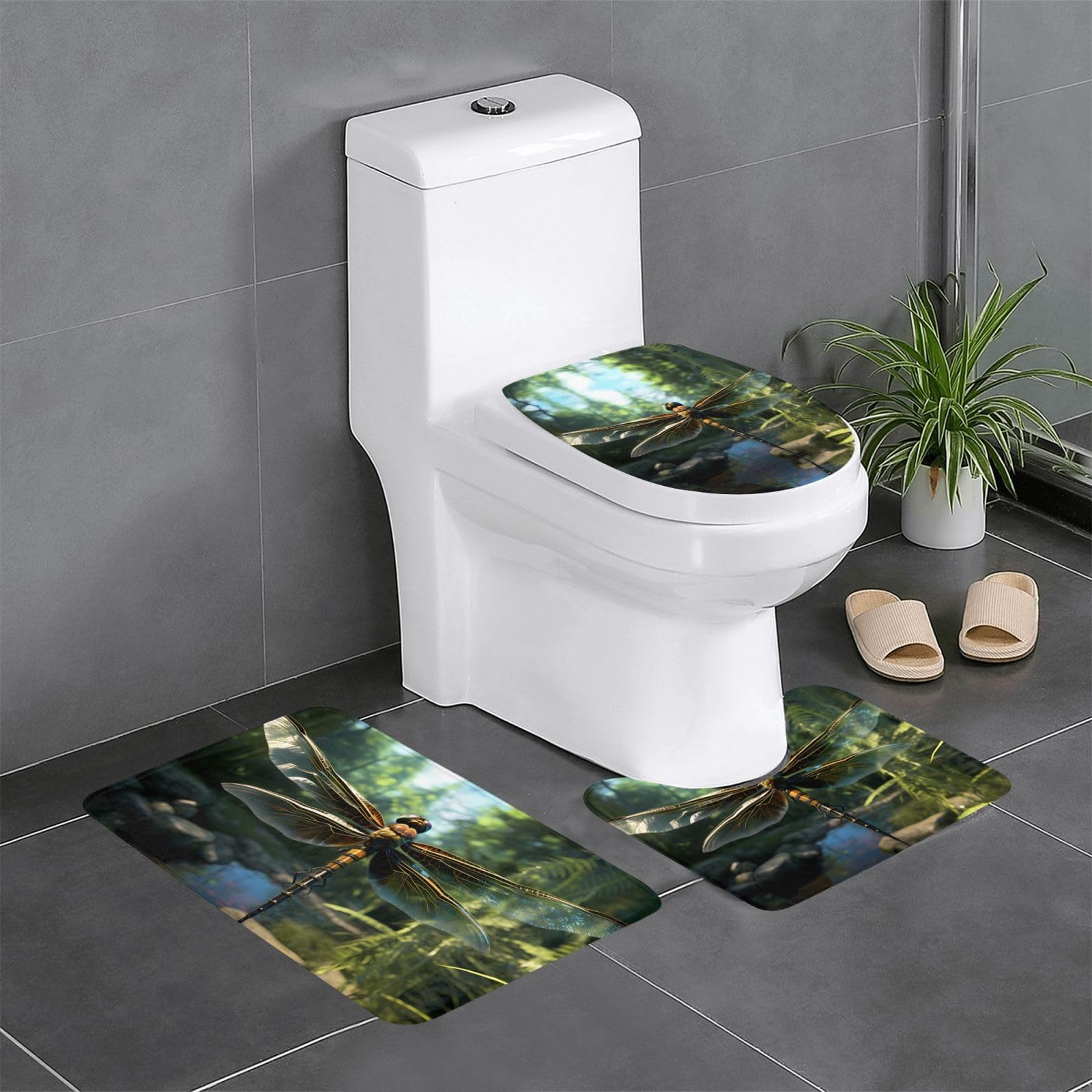 Tapis de salle de bain antidérapant WHJDPP lot de 3 avec motif libellule pour toilette et baignoire