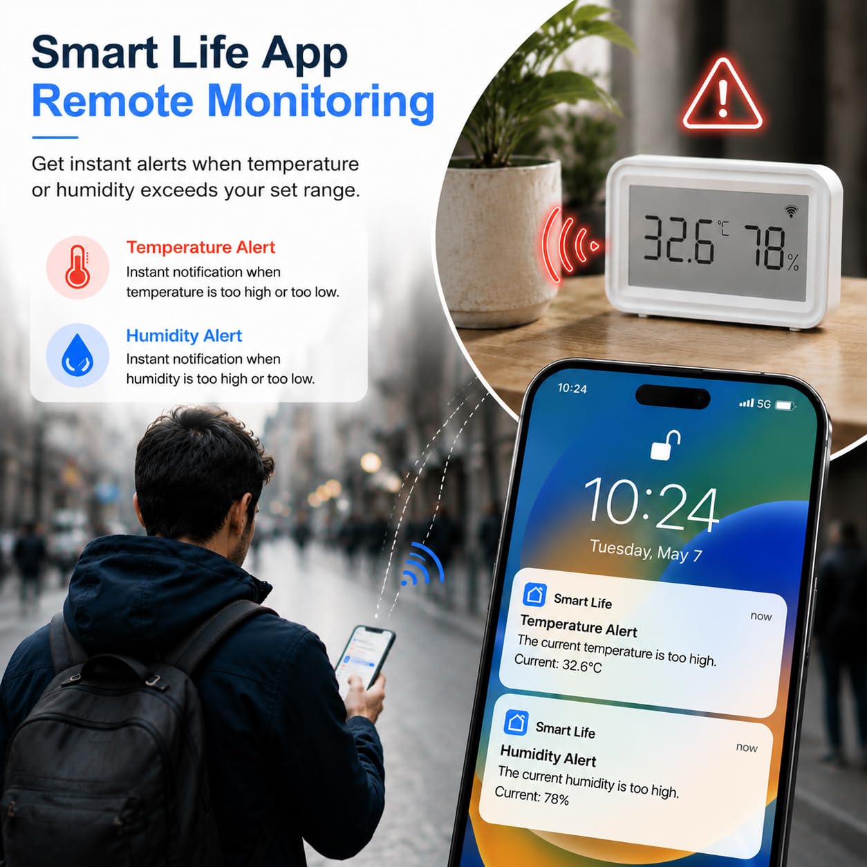 Sensore di temperatura e umidità WLAN: termometro igrometro wireless con display LCD, notifica app, memorizzazione dati ed esportazione, calibrabile, monitoraggio digitale per la casa, 4 pezzi
