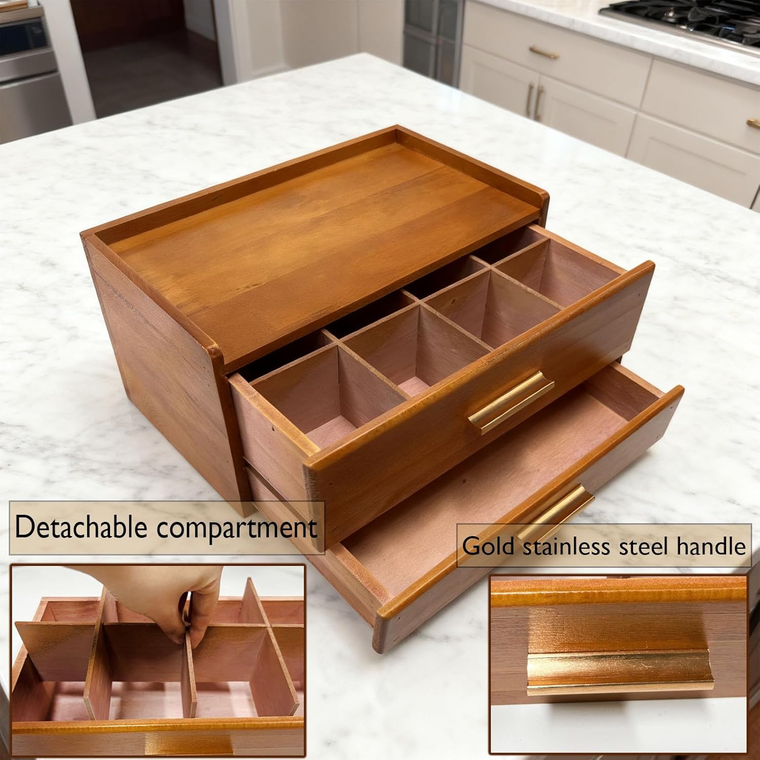 Wooden Tea Bag Organizer, Acacia Drawer Wood Storage Box, Teabag Holder Container Boxes for Countertop, Tea Bar Station Chest Display, Teabags Caddy(Brown)