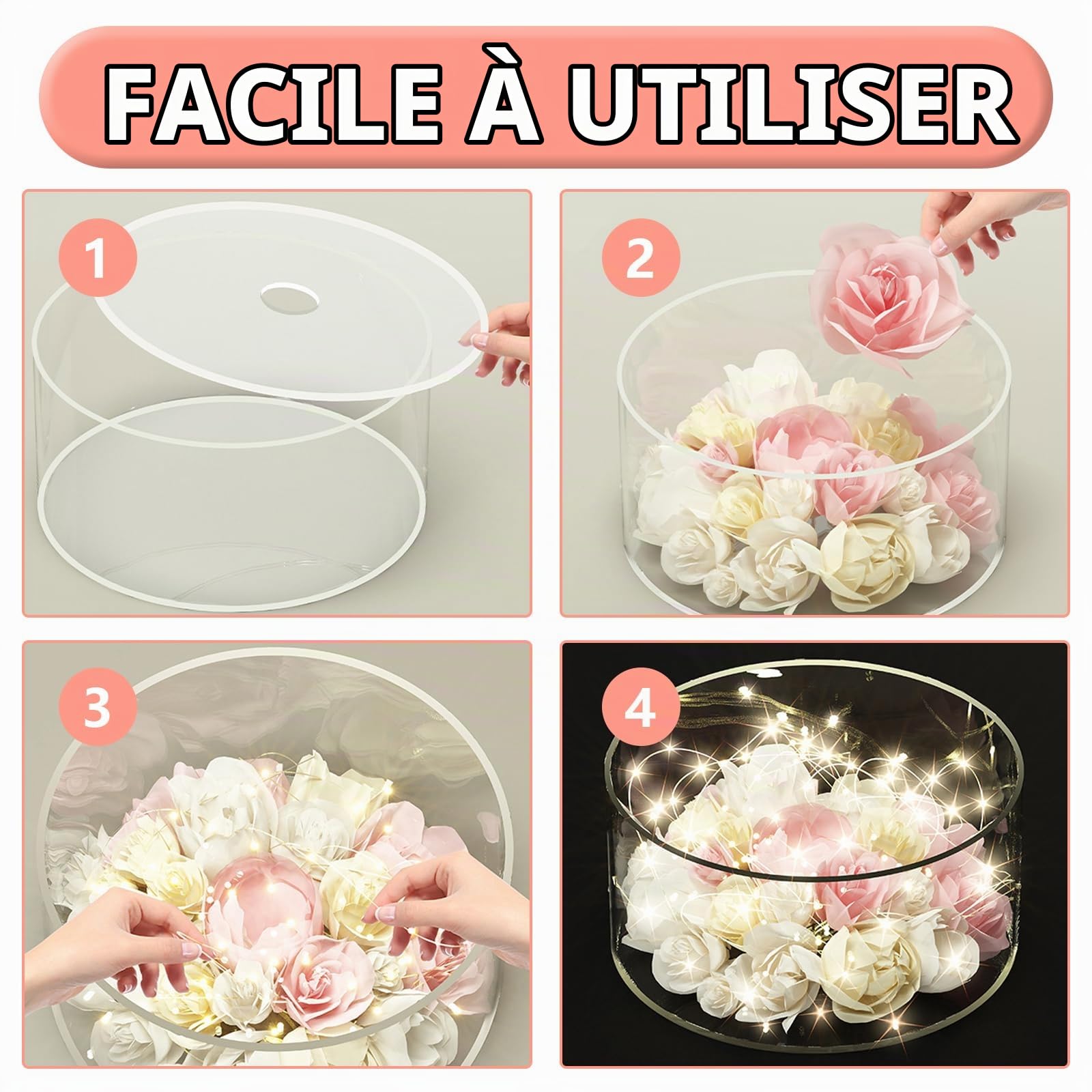 Présentoir à Gâteau, 3 Pièces Présentoirs à Gâteaux Empilables en Acrylique Transparent avec Guirlande Lumineuse Boîte de Présentation Cylindrique Ronde Décoratif pour Anniversaire Mariage