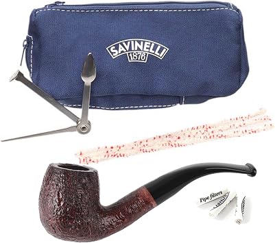 Savinelli 601 One Briar Care Kit - Set + 30 6mm Filters, Italian Hand Crafted Rusticated Finish Wood Pipe, Accessories & Storage Bag