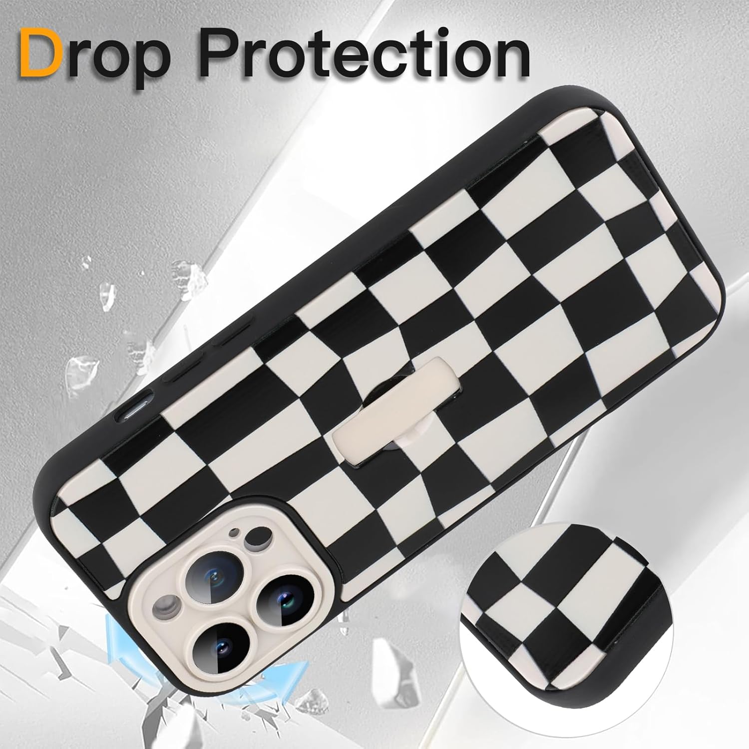 SOKAD for iPhone 14 Pro Max Case with Finger Strap Kickstand, Cute Checkered Checkerboard Phone Case with Finger Hand for Women Men, Slim Full Camera Protection Shockproof Case, Black & White - Image 4