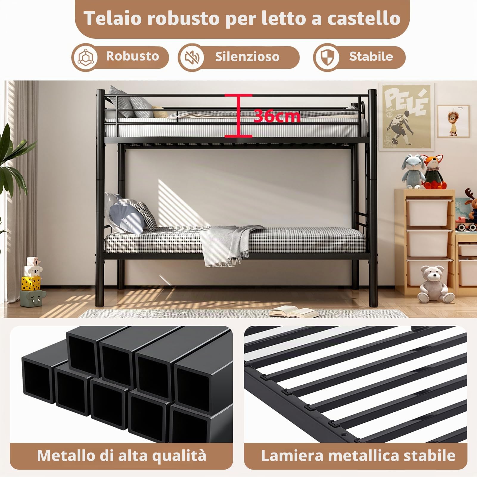 Letto a Castello per Adulti 90 X 200 cm, Letti a Castello Metallo Convertibile in 2 Letti Singoli, Letto a Castello per Bambini con Sicurezza Parapetto & Scala Antiscivolo, Stabile e Durevole (Nero)