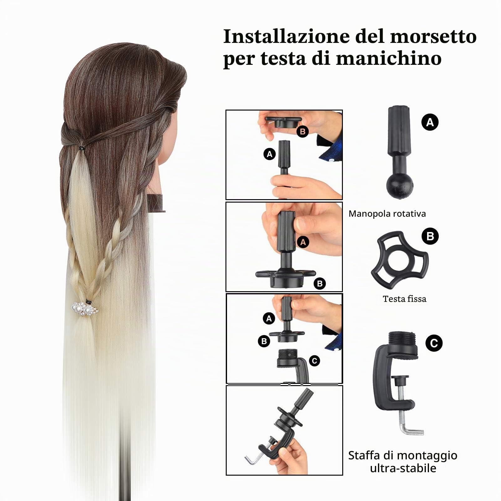 Testa per parrucchieri, DanseeMeibr Plus 26" Morbido Testina Parrucchiere Capelli 100% Capelli Sintetica Testa Parrucchiera con Staffa+ DIY Accessori per Capelli