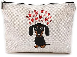 Black And Tan Dachshund With Valentine Hearts Makeup Bag Travel Cosmetic Bags,Funny Dachshund Cosmetic Makeup Bags with Zipper Pouch Travel Toiletry Case,Dachshund Mom Gifts,Valentine Gifts