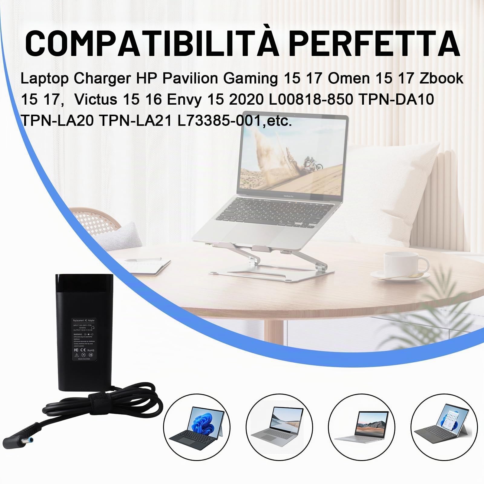 Caricabatterie per laptop MXJFYY 200W per HP Pavilion Gaming 15/1-7, Omen 15/1-7, Victus 1-5/16, Envy 15/2020 L00818-850, TPN-DA10, TPN-LA21, L73385-001, ADP-200HB B【4,5 * 3,0 mm】