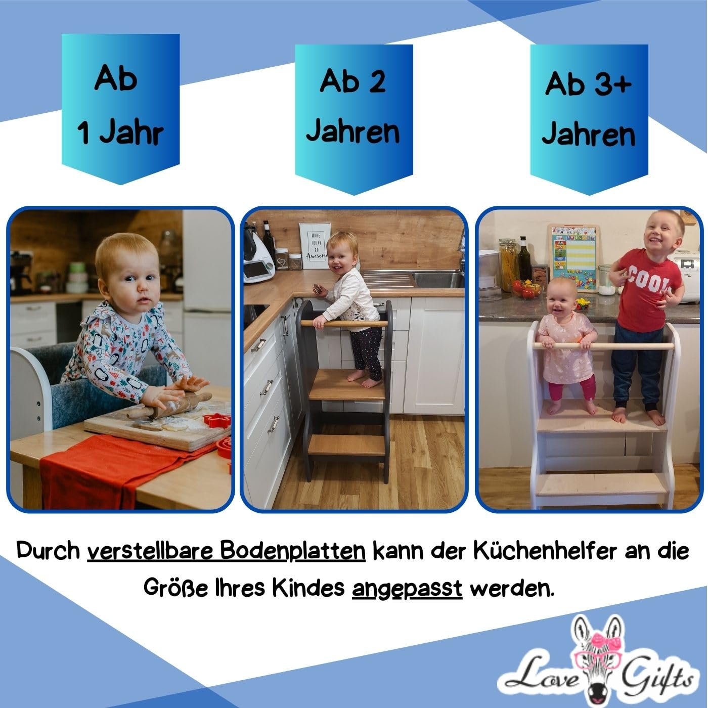 Love Gifts® Lernturm für Kinder mit Kippschutz und höhenverstellbar | Learning Tower mit sicheren Kanten | Küchenhelfer & Lernturm ab 1 Jahr für gleichzeitige Benutzung von Zwei Kindern, Weiß-Braun