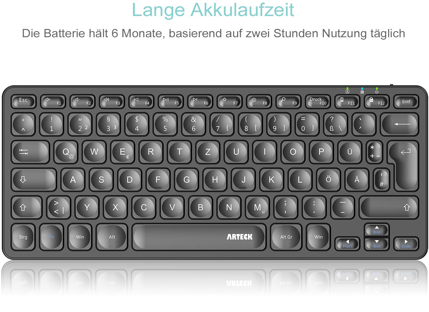 Arteck Kabellose Tastatur, Deutsches QWERTZ Layout wiederaufladbare USB Anschluss 2,4 GHz Kabellos Tastatur mit Multimedia-Tasten, Kompatibel mit PC, Computer, Notebook, Laptop, Windows 11, 10, 8