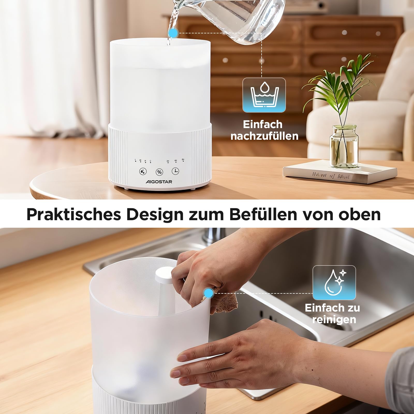 Aigostar Luftbefeuchter Schlafzimmer mit Hygrometer – 2,5 L Ultraschall Raumbefeuchter, 28 dB leise, Aroma Diffuser für ätherische Öle, 3 Nebelstufen & Timer – für Baby, Pflanzen & Büro