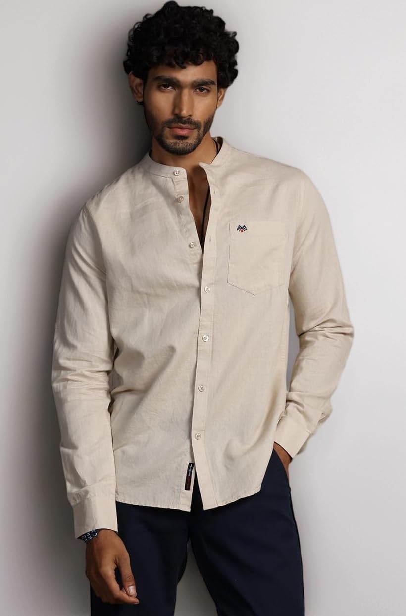 Men's | Solid | Full Sleeve | Slim Fit | Linen Blend | Mandarin Collar | Casual Shirt