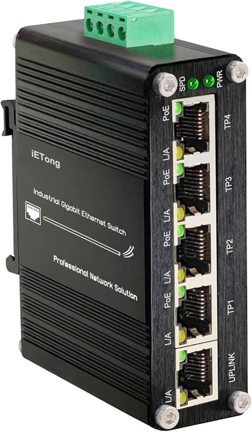 Industrial 5 Ports Gigabit Solar POE Switch,RJ45 Din Rail Ethernet Switch, DC 12V-48V Input Network 10/100/1000Mbps 802.3af/at 30W POE Ports,POE Power for Solar Power/RV Truck/VOIP Systems, iETong