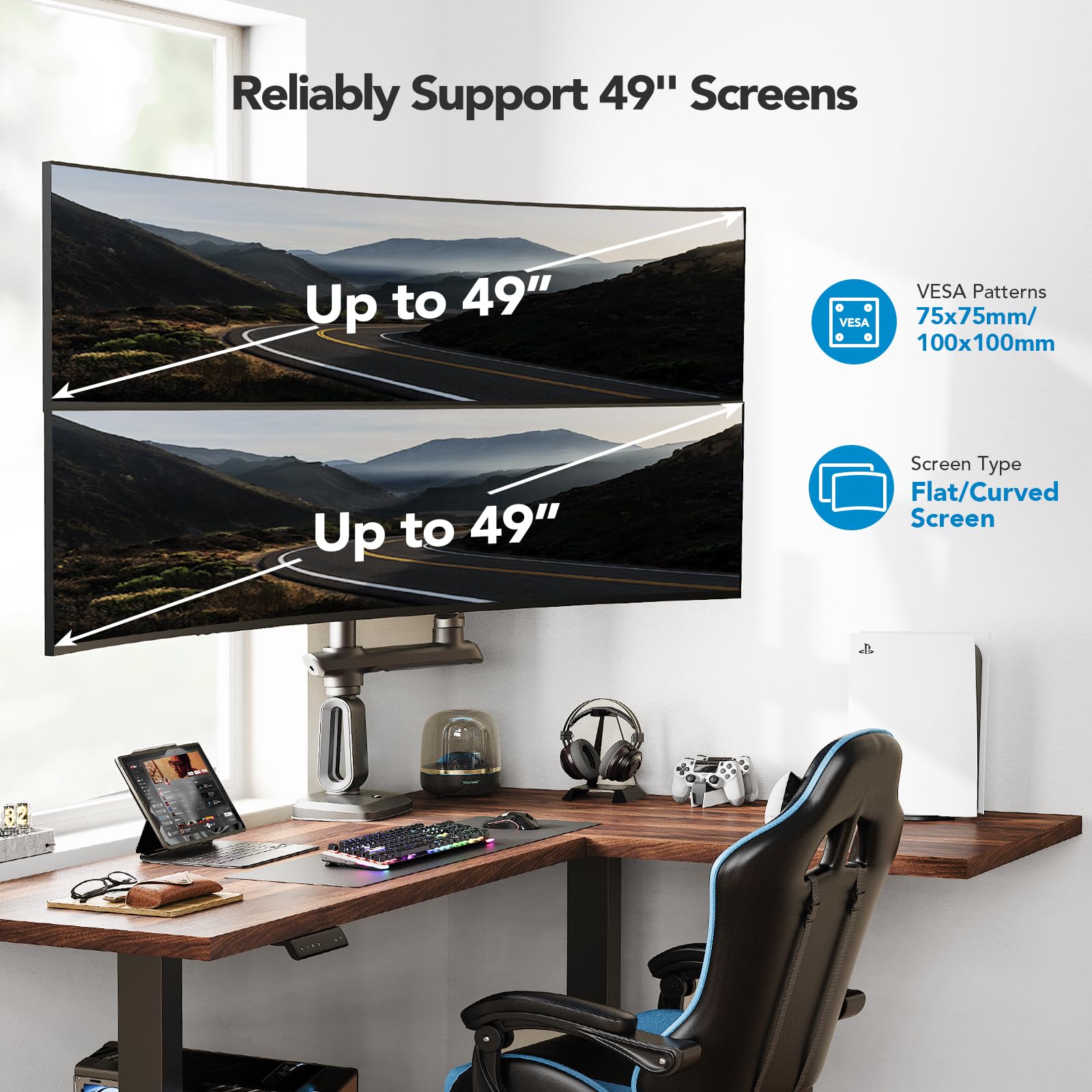 Ergotron - HX Heavy Duty Monitorarm, VESA-bureausteun voor één monitor - voor extra brede platte of licht gebogen monitoren tot 49 inch, 9,1-19,1kg - Standaard scharnier, Matzwart (45-475-224