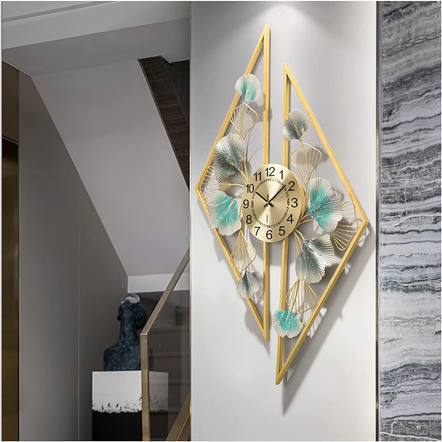 Scizor Ginkgo Leaf Design,Metal Sunburst Wall Clock Decor,Silent Battery Operated Watch Wall Clock,Art Light Luxury Wall Hanging Watch for Suitable for Home Decoration