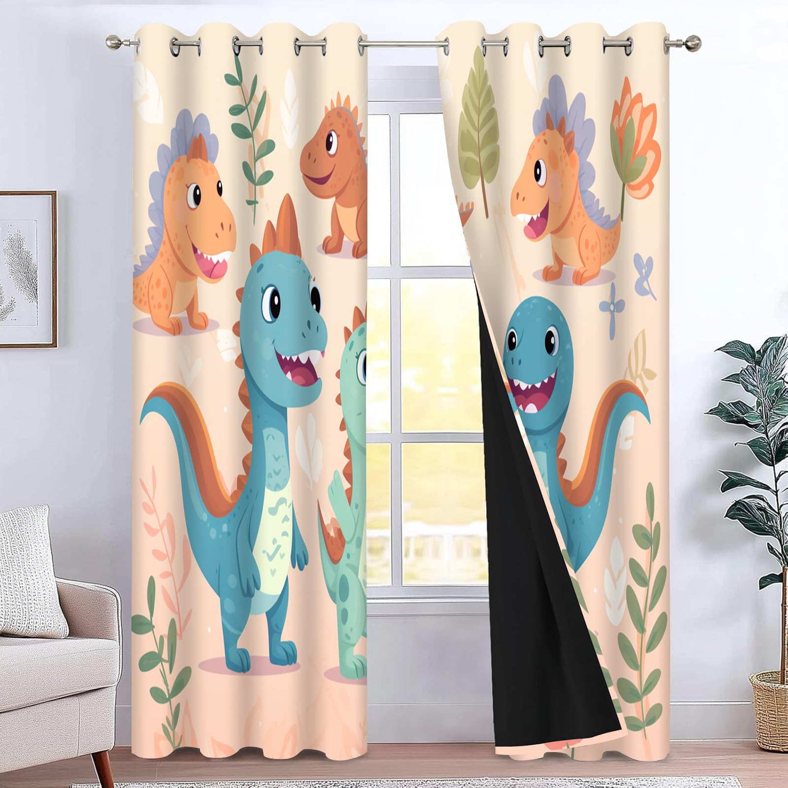 Rideau Occultant Dinosaure,Lot de 2 Rideaux Occultant Thermique Isolant à Oeillets,Garçon, Dessin Animé Decoration Chambre Salon Fenetre 140x160cm（LxH）