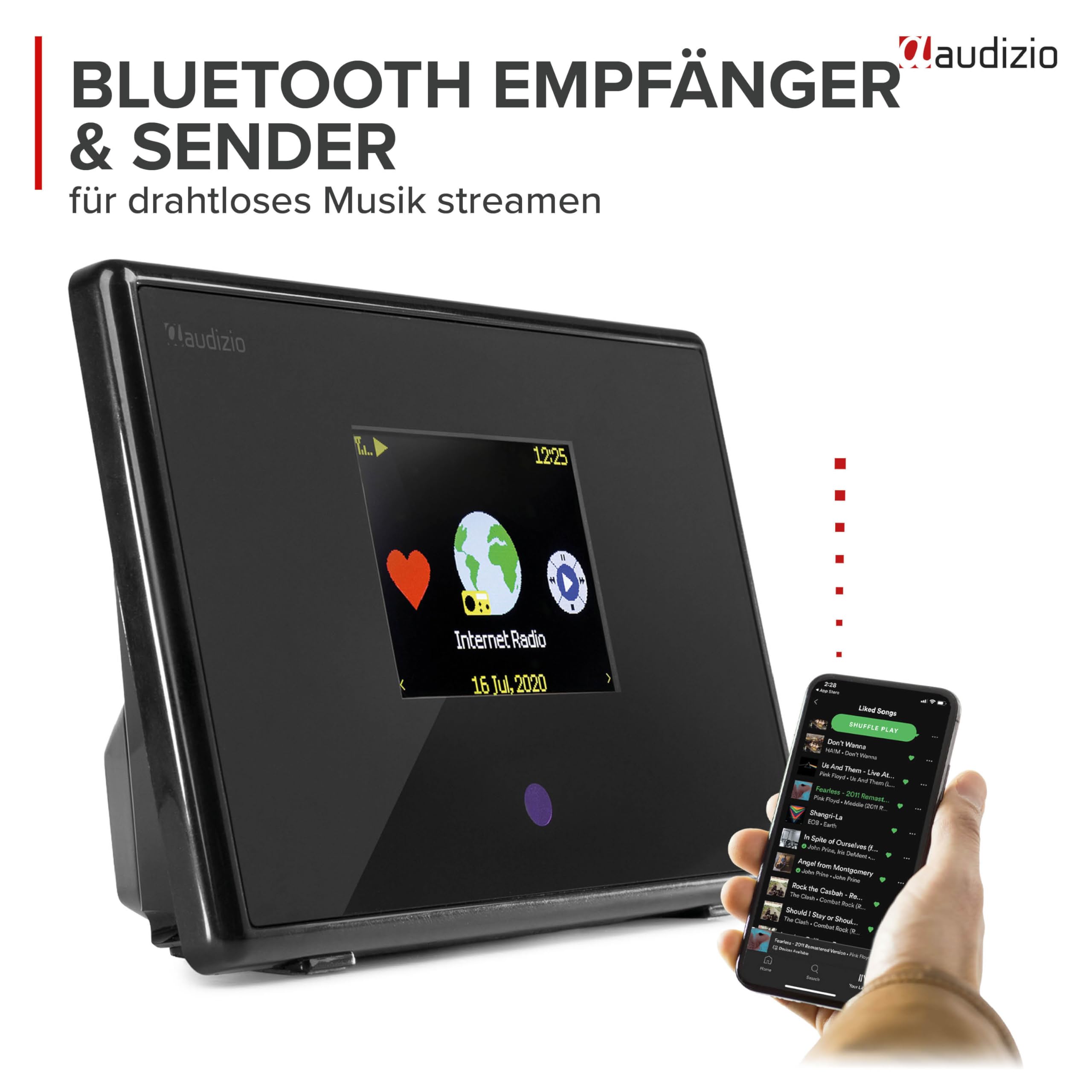 Audizio Turin Internetradio Adapter WLAN & Bluetooth - WLAN Radio Tuner für Stereoanlage & Aktivboxen - Internet Radio Receiver - 2,4" Farbdisplay, Line-Out, Wecker & Fernbedienung - Schwarz