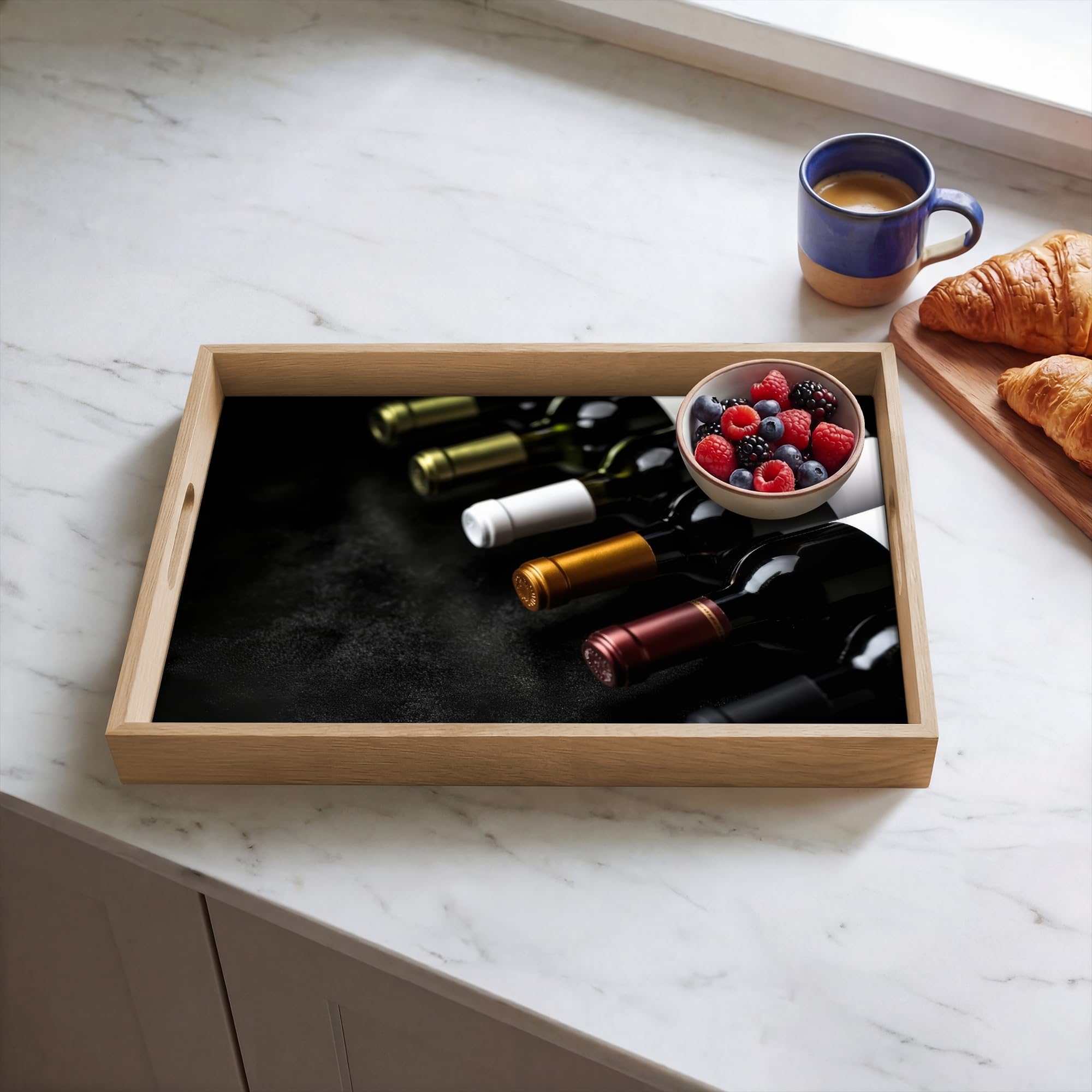 Bandejas De Madera Rectangular 50x35 cm Bandeja para Servir Roble Decorativa Cafe Resistente A Los Arañazos Tabuleiro Desayuno Vino - Botellas - Variedad - Sabores