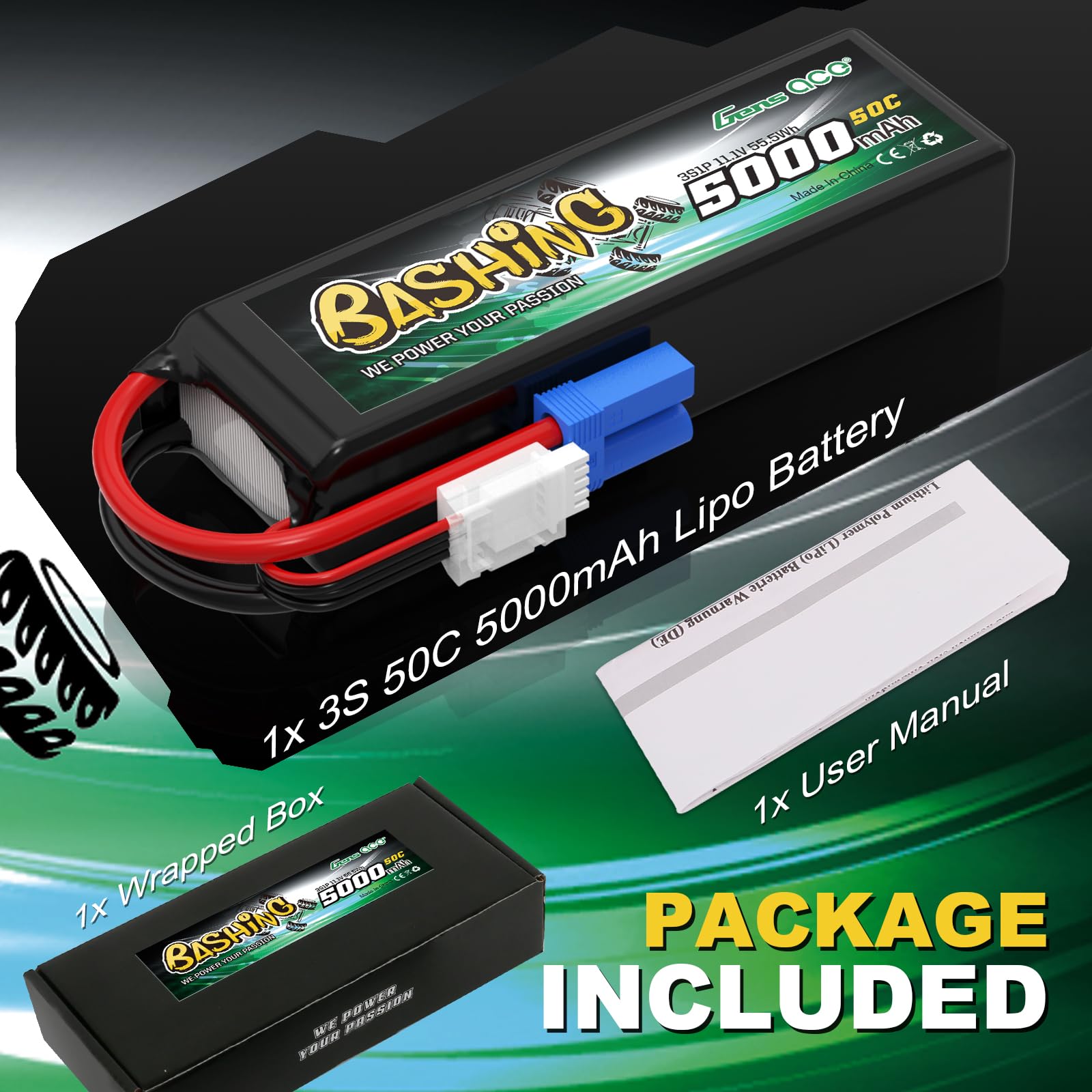 Gens ace 3S Lipo 5000mAh 11.1V 50C Bashing Battery EC5 do RC 1/8 1/10