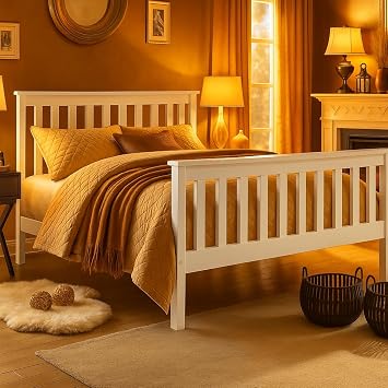 XEO HOME White 4ft Small Double Wooden Bed Frames Pine Solid Strong Wood Furniture Small Double 4ft Bed Frame only