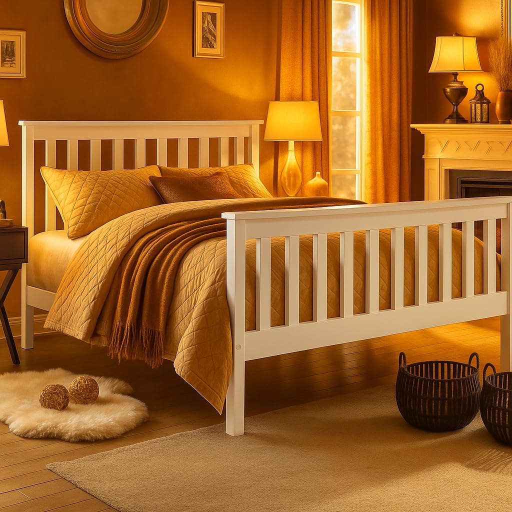 XEO HOME White 4ft Small Double Wooden Bed Frames Pine Solid Strong Wood Furniture (Small Double 4ft Bed Frame only)