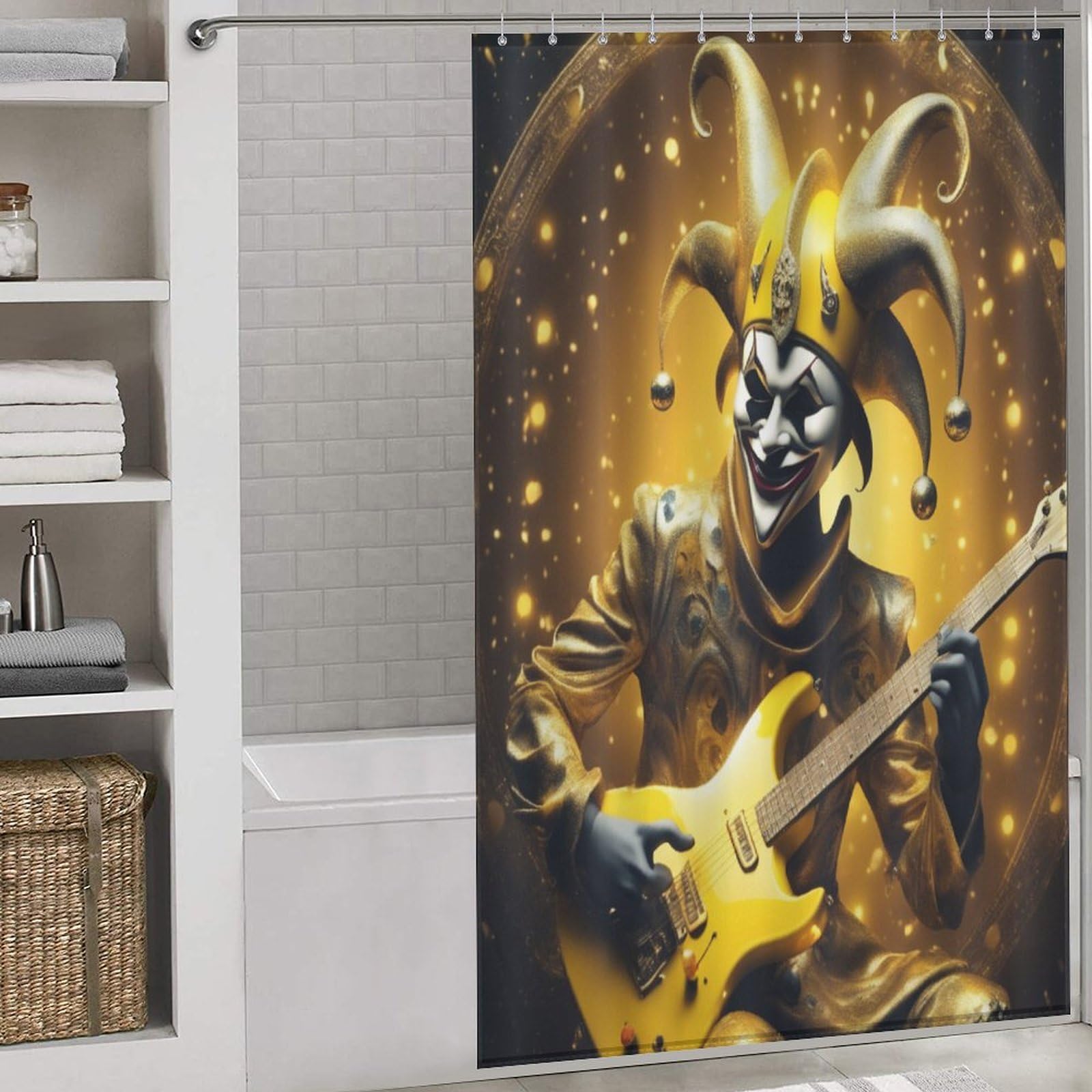 Rideau de douche lavable guitare clown en tissu étanche 140x183cm avec 12 crochets