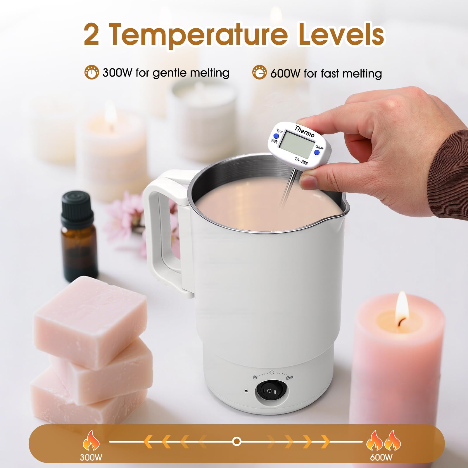 HISUEKIG Fondeur de Cire Bougie Électrique 800ml 600 W, Kit Fabrication Bougie Fondoir Cire Bougie pour la Fabrication de Bougies avec 100 Mèches, Thermometre Bougie, Cuillère à Mélanger