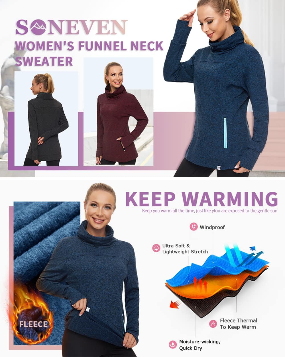 Soneven Women's Running Fleece Sweatshirts Cowl Neck Thermal Pullover Long Sleeve Shirt with Pocket and Neck Gaiter Face Mask - Image 2