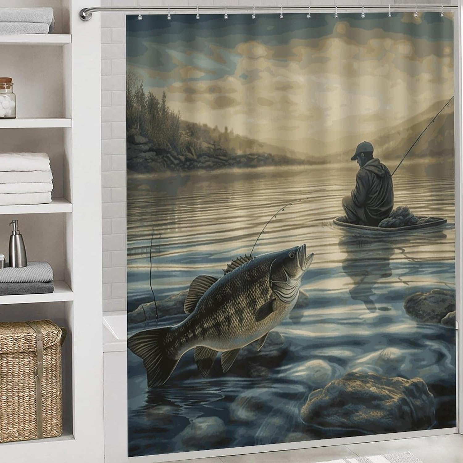 Lake Fish Fishing Shower Curtain Set 4 Piece, Non-Slip Bath Mat with Toilet Lid Cover and Waterproof Shower Curtain with 12 Hooks, Complete Bathroom Set for Home Decor