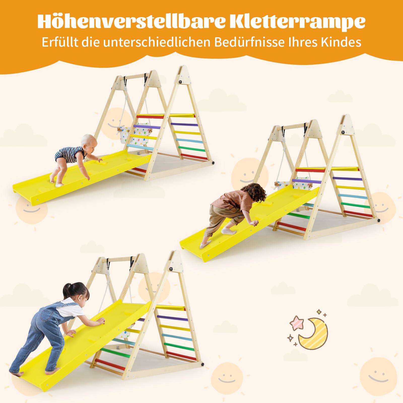COSTWAY Klettergerüst Indoor, 4 in 1 Schaukel & Ruheplattform & Kletterrampe & Leiter, Kletterset zum Klettern & Rutschen, Kinder Spielplatz Holz, für Kinder ab 1 Jahr (Bunt)