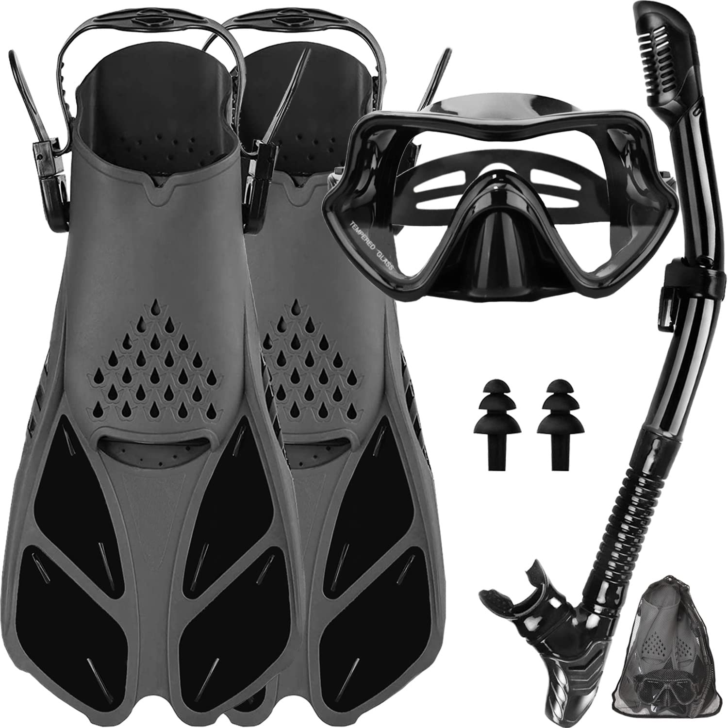 Createy Mask Fin Snorkel Set with Adult Snorkeling Gear, Panoramic View Diving Mask, Trek Fin, Dry Top Snorkel +Travel Bags, Snorkel for Lap Swimming