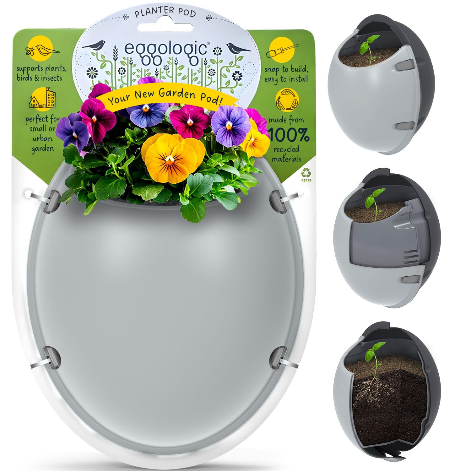 eggologic Planter Pod - Vertical Garden Planter for Balcony, Patio, or Any Small Space – Outdoor Plant Pots for Flowers, Herbs, and Small Plants - 100% Recycled Materials, Stone Gray