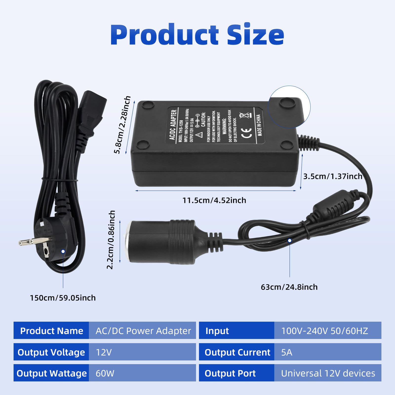 Adapter samochodowy 5A 60W, przetwornik napięcia 230V na 12V, adapter gniazda zapalniczki, adapter AC na DC 12V na 230V, do lodówki turystycznej, kamer samochodowych, rejestratorów jazdy, ładowarki sa