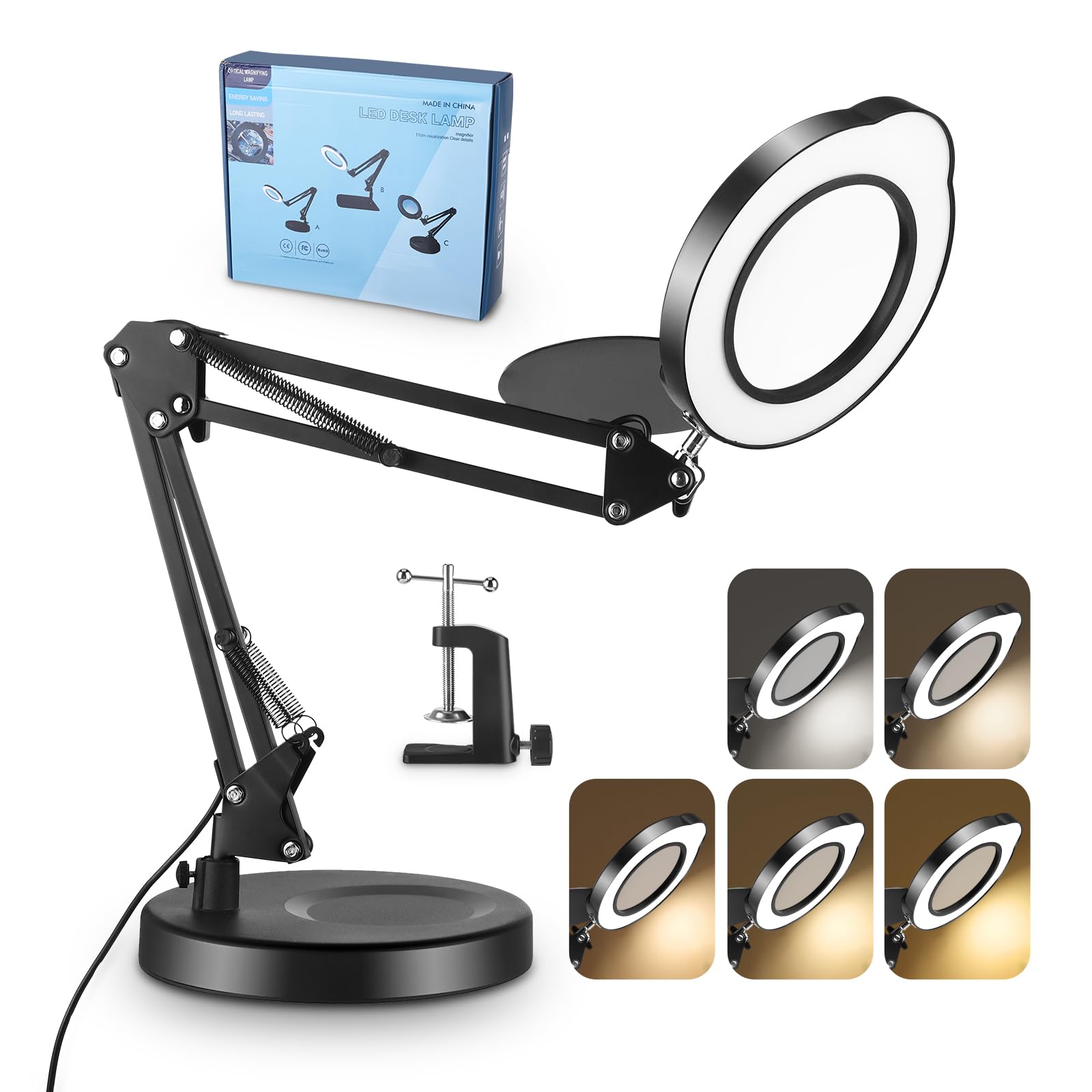 15X Magnifying Glass with Light and Stand, 2-in-1 LED Tabletop Magnifying Glass, Desk Magnifier Lamp with Base and Clamp, ,5 Colour &10 Dimmable Modes, 360ยฐ Adjustable, Hands Free for Reading, Work